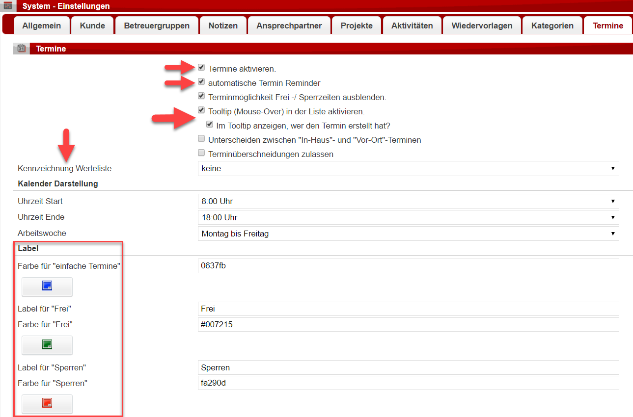 Screenshot Einstellungsfenster für Termine in den Systemeinstellungen mit Markierungen mehrer Optionen