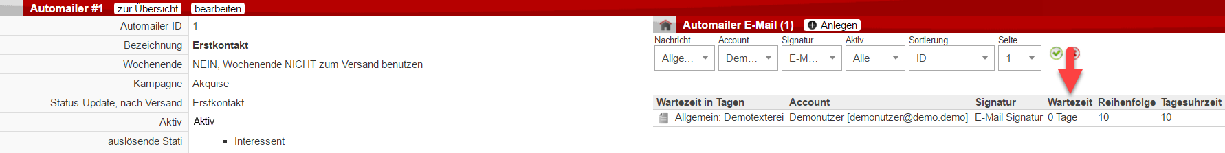 Screenshot Fenster zum Anlegen eines Automailings mit Pfeil auf das Feld zum Anlegen der Wartezeit