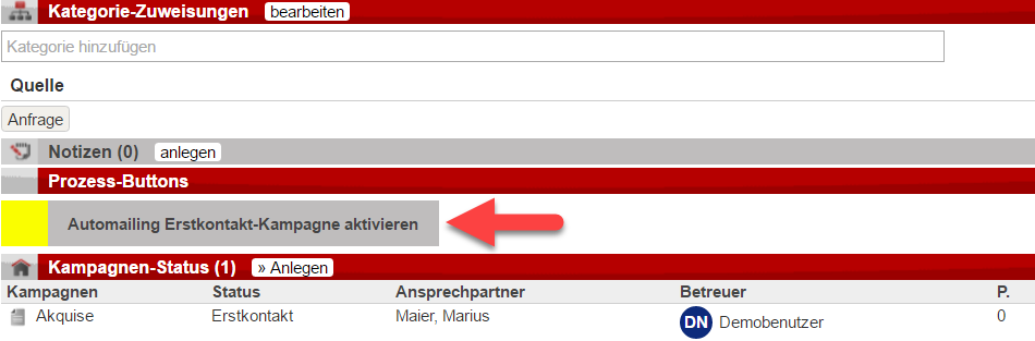 Screenshot eines hervorgehobenen Prozessbuttons zum Aktivieren von Automailings