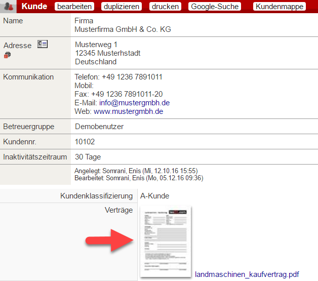 Screenshot Kundenstammblatt mit Vetragsdokument als Thumbnail
