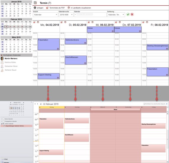 Screenshot-Montage im AkquiseManager eingetragener Termine, die ebenfalls in Outlook dargestellt werden