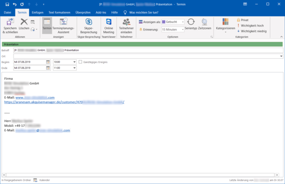 Screenshot der Detailansicht eines Termins, der vom AkquiseManager ins Outlook übertragen wurde